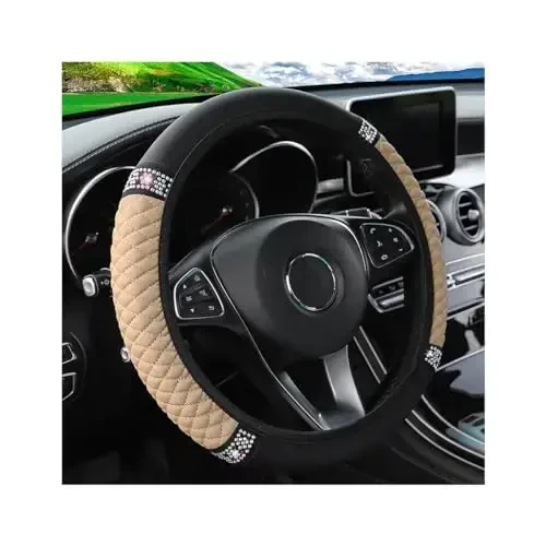 Osilly Bling Car Steering Wheel Cover, 15 Inch Rhinestones Soft Leather Elastic Steering Wheel Protector, Sparkly Crystal Diamond for Women Girls (Beige) 