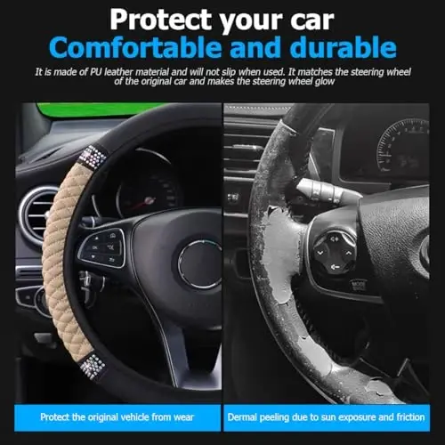 Osilly Bling Car Steering Wheel Cover, 15 Inch Rhinestones Soft Leather Elastic Steering Wheel Protector, Sparkly Crystal Diamond for Women Girls (Beige) - 3
