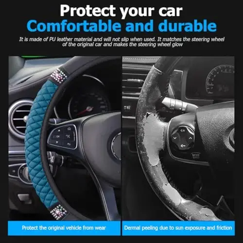 Osilly Bling Car Steering Wheel Cover, 15 Inch Rhinestones Soft Leather Elastic Steering Wheel Protector, Sparkly Crystal Diamond for Women Girls (Black Green) - 4