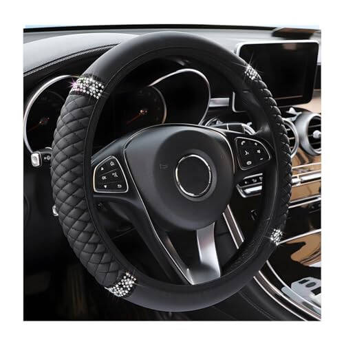 Osilly Bling Car Steering Wheel Cover, 15 Inch Rhinestones Soft Leather Elastic Steering Wheel Protector, Sparkly Crystal Diamond for Women Girls, Car Interior Accessories for Most Cars (Black) - 1