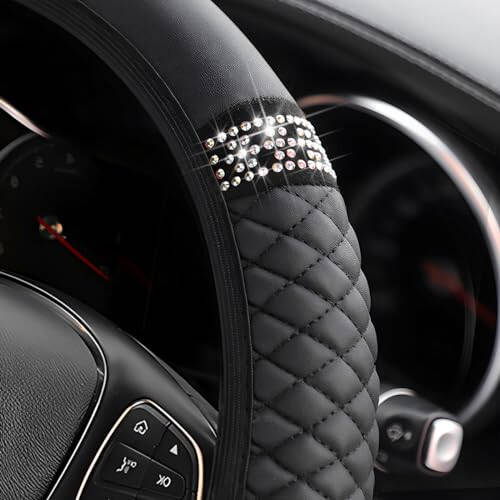 Osilly Bling Car Steering Wheel Cover, 15 Inch Rhinestones Soft Leather Elastic Steering Wheel Protector, Sparkly Crystal Diamond for Women Girls, Car Interior Accessories for Most Cars (Black) - 3