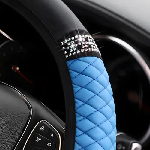 Osilly Bling Car Steering Wheel Cover, 15 Inch Rhinestones Soft Leather Elastic Steering Wheel Protector, Sparkly Crystal Diamond for Women Girls, Car Interior Accessories for Most Cars (Blue) - 3