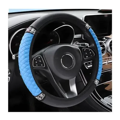 Osilly Bling Car Steering Wheel Cover, 15 Inch Rhinestones Soft Leather Elastic Steering Wheel Protector, Sparkly Crystal Diamond for Women Girls, Car Interior Accessories for Most Cars (Blue) 