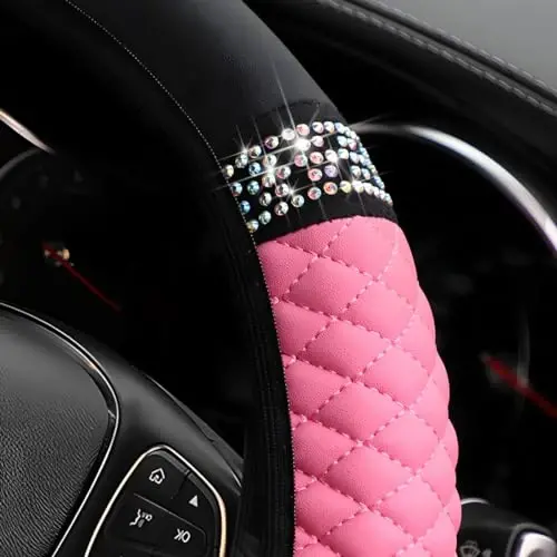 Osilly Bling Car Steering Wheel Cover, 15 Inch Rhinestones Soft Leather Elastic Steering Wheel Protector, Sparkly Crystal Diamond for Women Girls, Car Interior Accessories for Most Cars (Pink) - 2