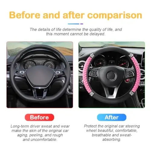 Osilly Bling Car Steering Wheel Cover, 15 Inch Rhinestones Soft Leather Elastic Steering Wheel Protector, Sparkly Crystal Diamond for Women Girls, Car Interior Accessories for Most Cars (Pink) - 4