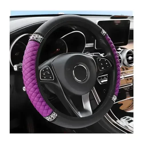 Osilly Bling Car Steering Wheel Cover, 15 Inch Rhinestones Soft Leather Elastic Steering Wheel Protector, Sparkly Crystal Diamond for Women Girls, Car Interior Accessories for Most Cars (Purple) - OSILLY