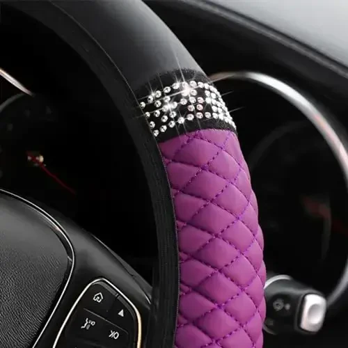 Osilly Bling Car Steering Wheel Cover, 15 Inch Rhinestones Soft Leather Elastic Steering Wheel Protector, Sparkly Crystal Diamond for Women Girls, Car Interior Accessories for Most Cars (Purple) - 3