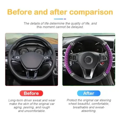 Osilly Bling Car Steering Wheel Cover, 15 Inch Rhinestones Soft Leather Elastic Steering Wheel Protector, Sparkly Crystal Diamond for Women Girls, Car Interior Accessories for Most Cars (Purple) - 5