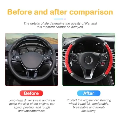 Osilly Bling Car Steering Wheel Cover, 15 Inch Rhinestones Soft Leather Elastic Steering Wheel Protector, Sparkly Crystal Diamond for Women Girls, Car Interior Accessories for Most Cars (Red) - 5
