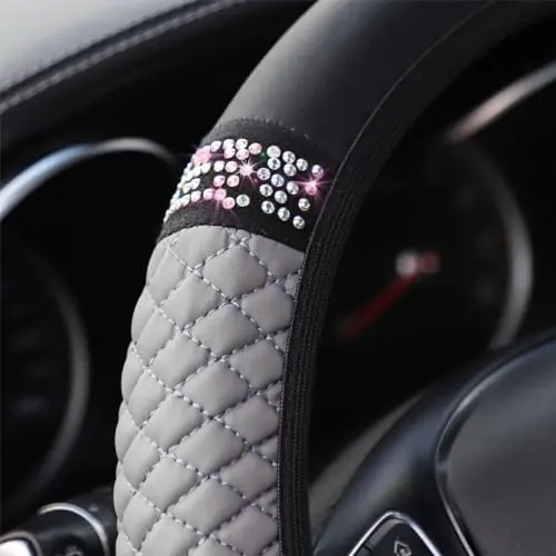 Osilly Bling Car Steering Wheel Cover, 15 Inch Rhinestones Soft Leather Elastic Steering Wheel Protector, Sparkly Crystal Diamond for Women Girls (Gray) - 4