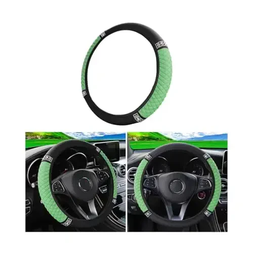 Osilly Bling Car Steering Wheel Cover, 15 Inch Rhinestones Soft Leather Elastic Steering Wheel Protector, Sparkly Crystal Diamond for Women Girls (Green) - 1