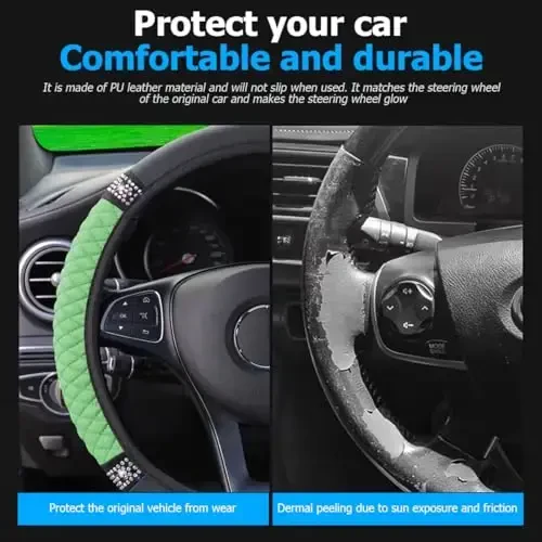 Osilly Bling Car Steering Wheel Cover, 15 Inch Rhinestones Soft Leather Elastic Steering Wheel Protector, Sparkly Crystal Diamond for Women Girls (Green) - 3