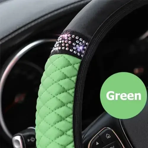 Osilly Bling Car Steering Wheel Cover, 15 Inch Rhinestones Soft Leather Elastic Steering Wheel Protector, Sparkly Crystal Diamond for Women Girls (Green) - 4