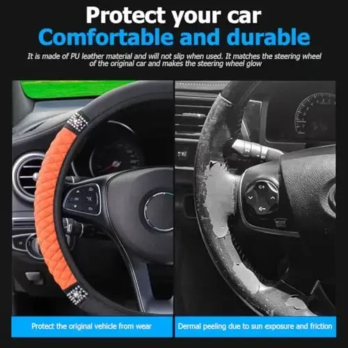 Osilly Bling Car Steering Wheel Cover, 15 Inch Rhinestones Soft Leather Elastic Steering Wheel Protector, Sparkly Crystal Diamond for Women Girls (Orange) - 3