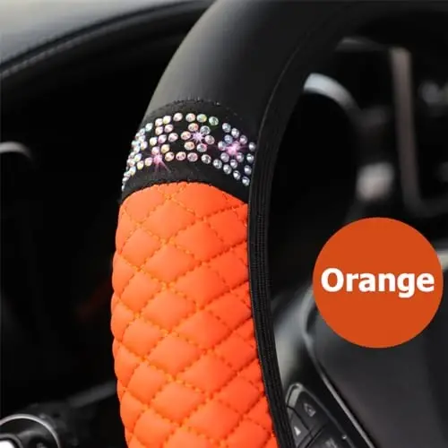 Osilly Bling Car Steering Wheel Cover, 15 Inch Rhinestones Soft Leather Elastic Steering Wheel Protector, Sparkly Crystal Diamond for Women Girls (Orange) - 4