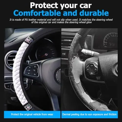 Osilly Bling Car Steering Wheel Cover, 15 Inch Rhinestones Soft Leather Elastic Steering Wheel Protector, Sparkly Crystal Diamond for Women Girls (White) - 3