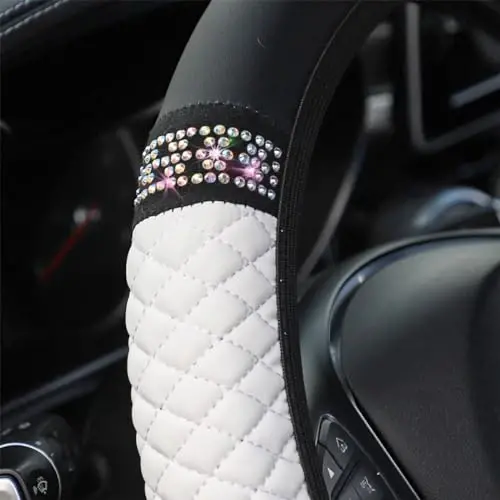 Osilly Bling Car Steering Wheel Cover, 15 Inch Rhinestones Soft Leather Elastic Steering Wheel Protector, Sparkly Crystal Diamond for Women Girls (White) - 4