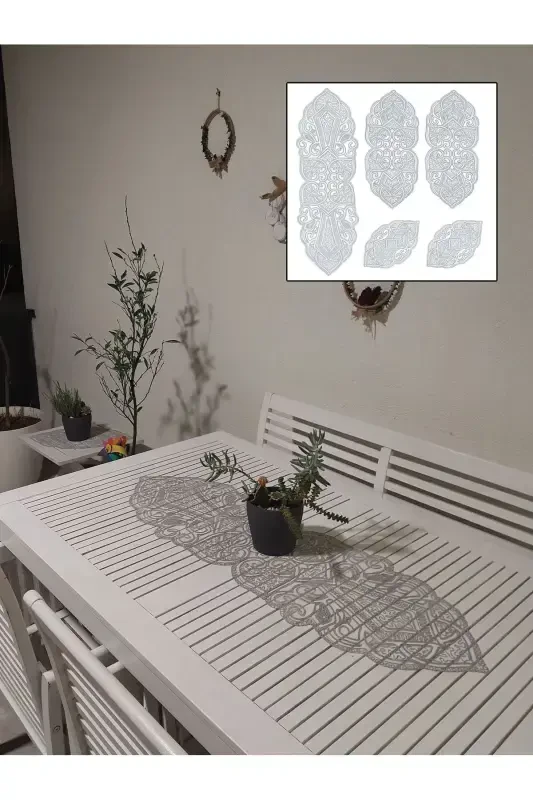 Osmanlı 5 Parça Lüks Runner Salon Oda Masa Sehpa Örtüsü Takımı Fransız Güpürlü Çeyizlik Set-Gri - CAMİNHO DA LUA