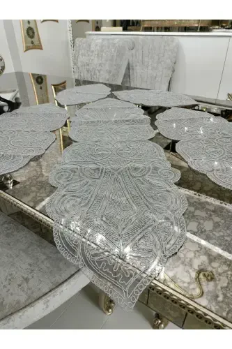 Osmanlı 5 Parça Lüks Runner Salon Oda Masa Sehpa Örtüsü Takımı Fransız Güpürlü Çeyizlik Set-Gri - 4
