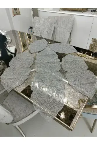 Osmanlı 5 Parça Lüks Runner Salon Oda Masa Sehpa Örtüsü Takımı Fransız Güpürlü Çeyizlik Set-Gri - 5