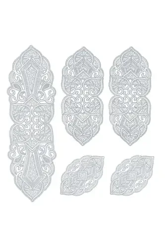 Osmanlı 5 Parça Lüks Runner Salon Oda Masa Sehpa Örtüsü Takımı Fransız Güpürlü Çeyizlik Set-Gri - 6