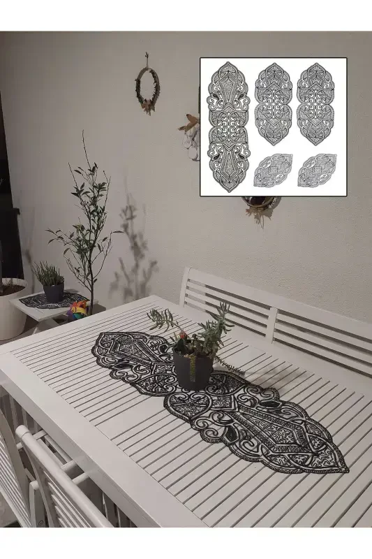 Osmanlı 5 Parça Lüks Runner Salon Oda Masa Sehpa Örtüsü Takımı Fransız Güpürlü Çeyizlik Set-Siyah - CAMİNHO DA LUA