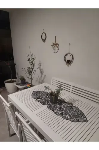 Osmanlı 5 Parça Lüks Runner Salon Oda Masa Sehpa Örtüsü Takımı Fransız Güpürlü Çeyizlik Set-Siyah - CAMİNHO DA LUA (1)