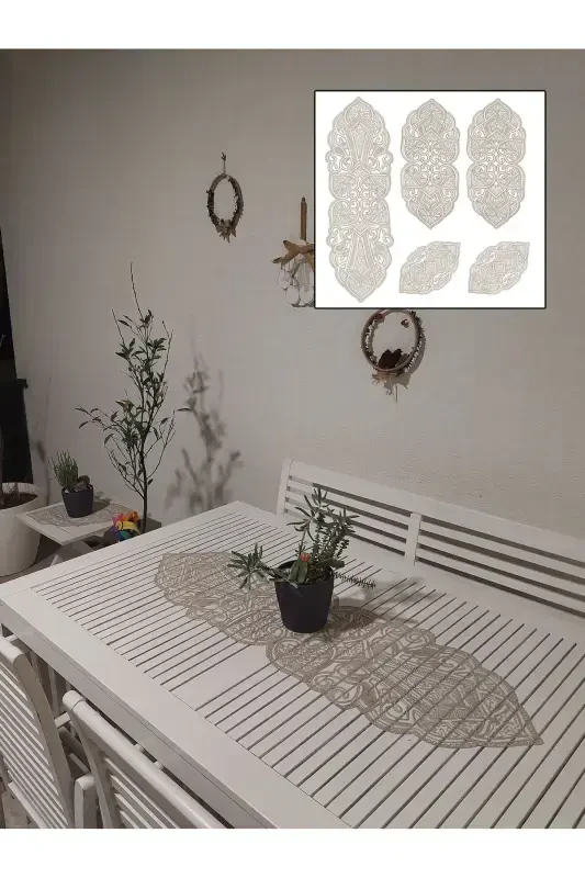 Osmanlı 5 Parça Lüks Runner Salon Oda Masa Sehpa Örtüsü Takımı Fransız Güpürlü Çeyizlik Set-Sütlü Kahverengi - CAMİNHO DA LUA