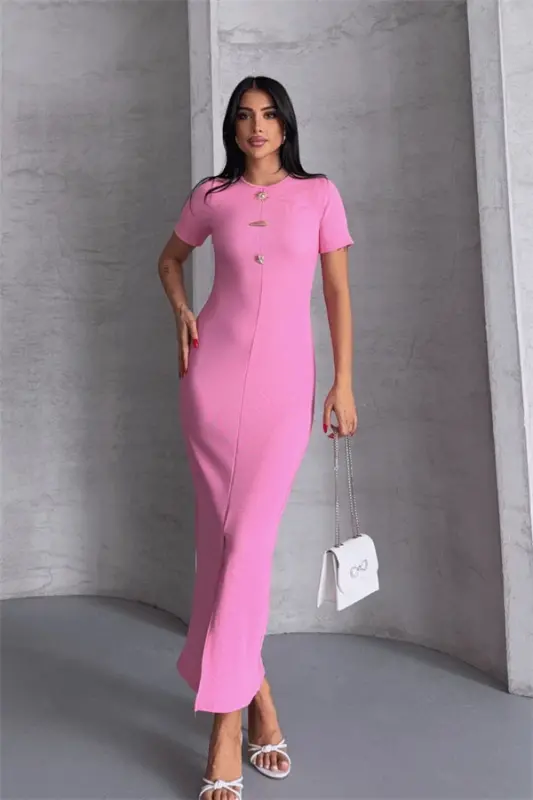 Ottoman Kumaş Kalem Elbise - PEMBE - 1