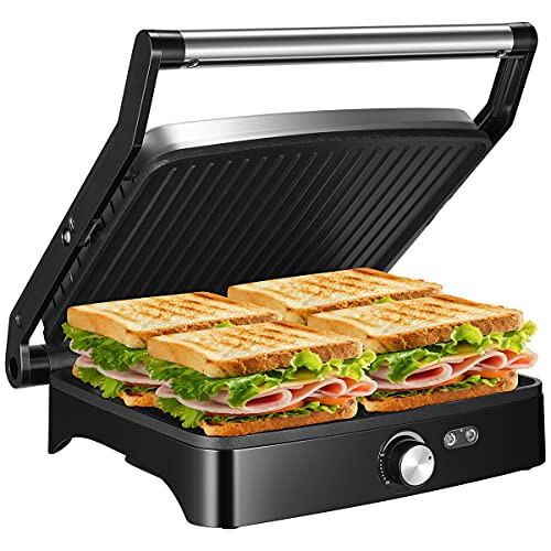 OSTBA Panini Press Grill, Harorat Sozlamasi, 4 Dilimga Mo'ljallangan Katta Yopishmaydigan Ko'p Qirralı Grill, Har qanday Turdagi va O'lchamdagi Oziq-ovqatlarga Mos Kelish uchun 180 Gradusga Ochiladi, Chiqariladigan Tomchi Tovoq, 1200 Vt - 1