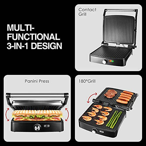 OSTBA Panini Press Grill, Harorat Sozlamasi, 4 Dilimga Mo'ljallangan Katta Yopishmaydigan Ko'p Qirralı Grill, Har qanday Turdagi va O'lchamdagi Oziq-ovqatlarga Mos Kelish uchun 180 Gradusga Ochiladi, Chiqariladigan Tomchi Tovoq, 1200 Vt - 2