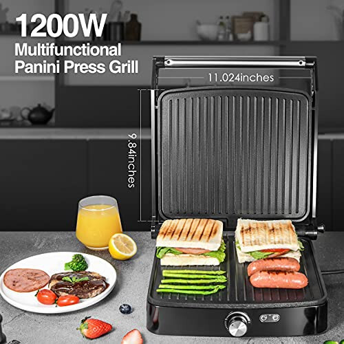 OSTBA Panini Press Grill, Harorat Sozlamasi, 4 Dilimga Mo'ljallangan Katta Yopishmaydigan Ko'p Qirralı Grill, Har qanday Turdagi va O'lchamdagi Oziq-ovqatlarga Mos Kelish uchun 180 Gradusga Ochiladi, Chiqariladigan Tomchi Tovoq, 1200 Vt - 4