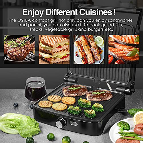 OSTBA Panini Press Grill, Temperature Setting, 4 Slice Large Non-stick Versatile Grill, Opens 180 Degrees to Fit Any Type or Size of Food, Removable Drip Tray, 1200 W - 3