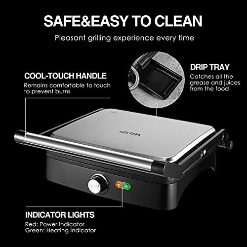 OSTBA Panini Press Grill, Temperature Setting, 4 Slice Large Non-stick Versatile Grill, Opens 180 Degrees to Fit Any Type or Size of Food, Removable Drip Tray, 1200 W - 6