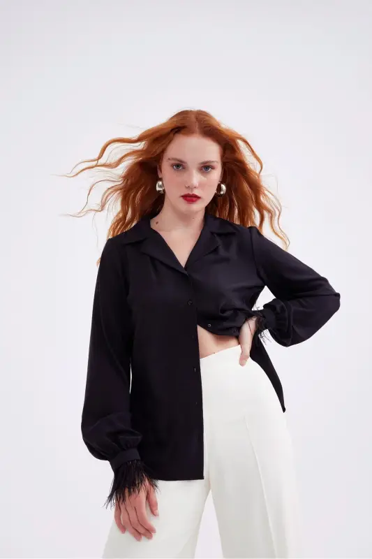 Ostrich Feather Detail Oversize Shirt - Black - 2