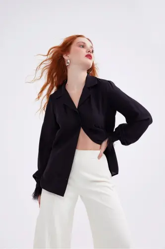 Ostrich Feather Detail Oversize Shirt - Black - 3