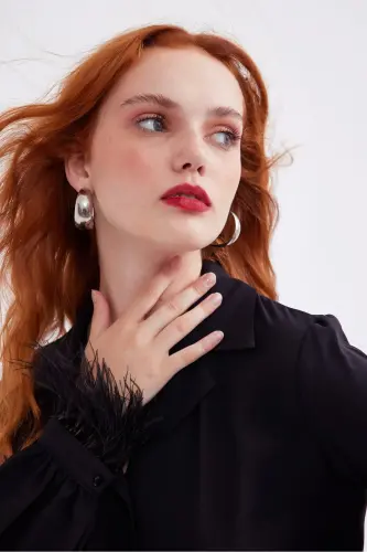 Ostrich Feather Detail Oversize Shirt - Black - 5