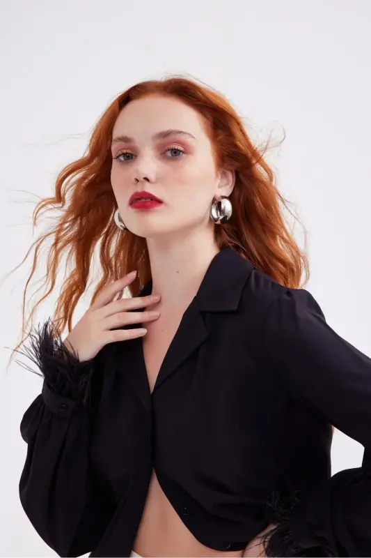 Ostrich Feather Detail Oversize Shirt - Black - 6