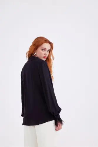 Ostrich Feather Detail Oversize Shirt - Black - 7