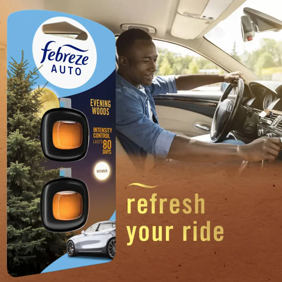 Освежитель воздуха Febreze AUTO для автомобиля, зажим на дефлектор с функцией нейтрализации запахов, Evening Woods, 2 шт. - 6