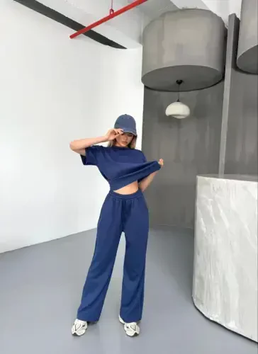 Osy Modal Мягкая Ткань Блузка с Коротким Рукавом Удобные Брюки Комплект из Двух Частей - Темно-синий - 3