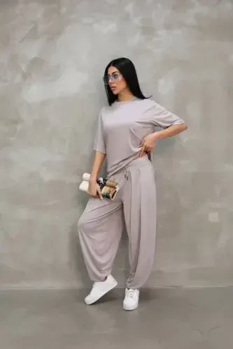 Osy Modal Мягкий Ткань Oversize Велосипедный Воротник Футболка Jogger Спортивные Штаны Спортивный Костюм - Серый - BÜYÜKBEDENIZ (1)