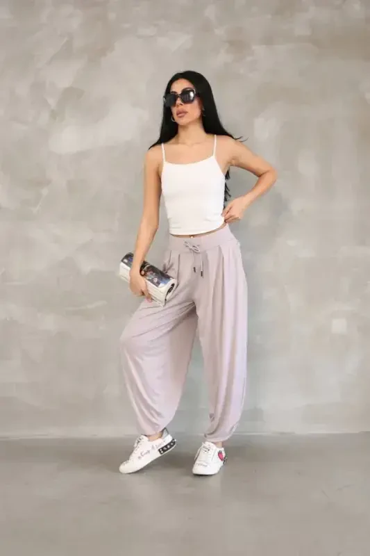 Osy Modal Soft Texture Fabric Harem Pants - Beige - BÜYÜKBEDENIZ