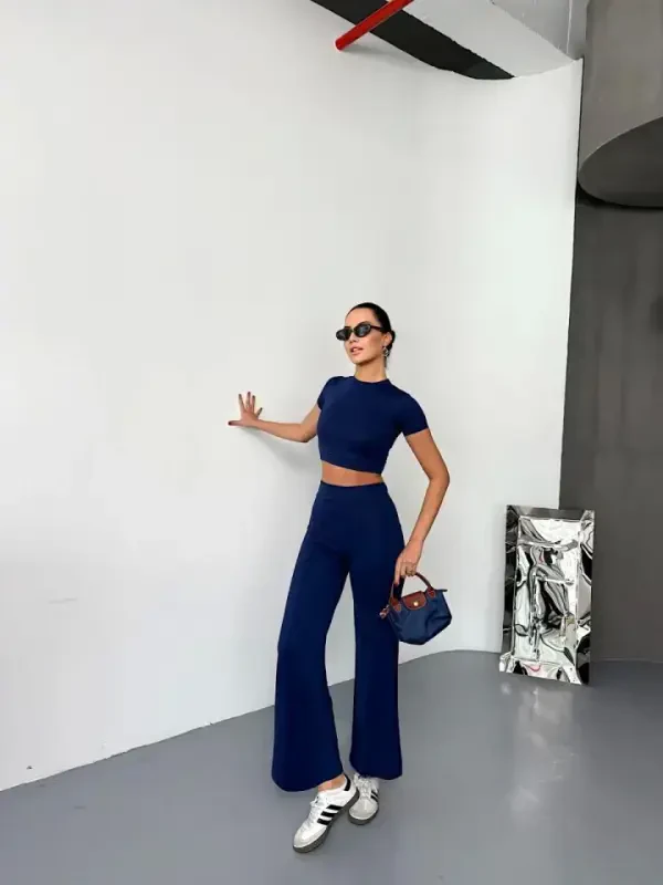 Osy Modal Soft Texture Fabric Short Sleeve Crop Bootcut Pants Set - Navy Blue - 2