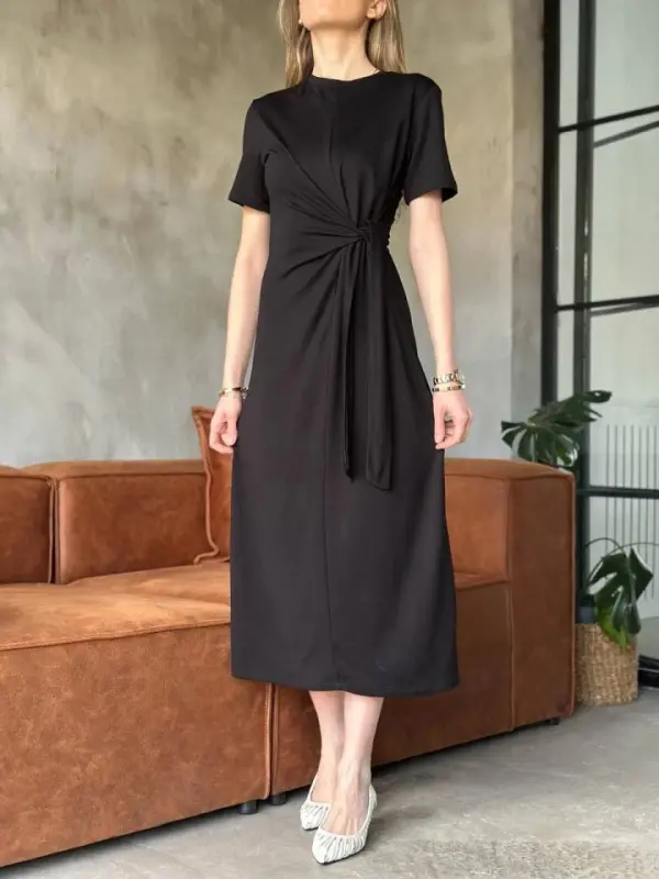 Osy Modal Soft Texture Fabric Side Tie Dress - Black - BÜYÜKBEDENIZ