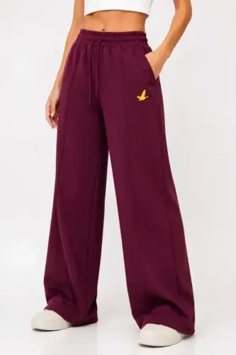 Osy Modal Soft Textured Seamed Embroidered Pocketed Oversize Wide Leg Sweatpants - Burgundy - 1