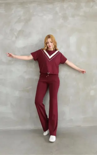 Osy Modal Soft Touch Fabric Crew Neck Pieced Detailed Short Sleeve Set - Burgundy - 1