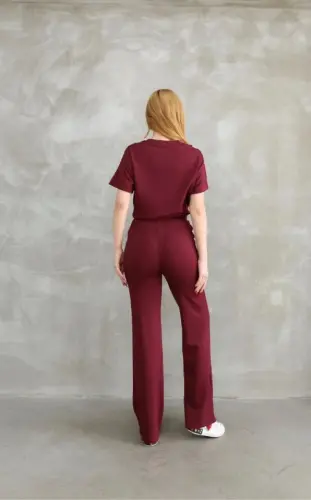 Osy Modal Soft Touch Fabric Crew Neck Pieced Detailed Short Sleeve Set - Burgundy - 2