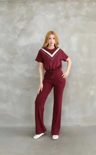 Osy Modal Soft Touch Fabric Crew Neck Pieced Detailed Short Sleeve Set - Burgundy - 3