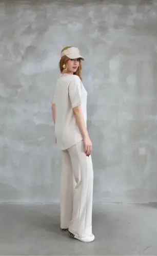 Osy Modal Soft Touch Fabric Crew Neck Stone Detailed Short Sleeve Set - Off White - 1